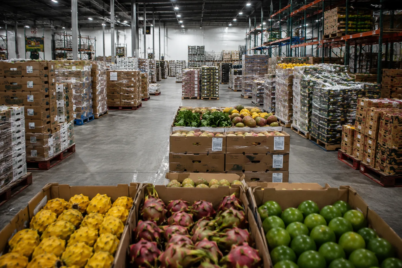 Bodega de Andes Fruits con cajas de pitahaya, mango y fruta tropical